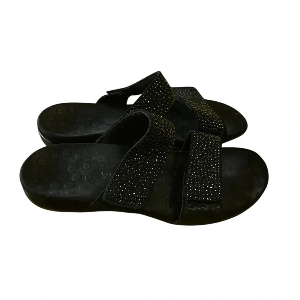vionic samoa black leather slide adjustable sandals orthaheel comfort 9 - Picture 2 of 4